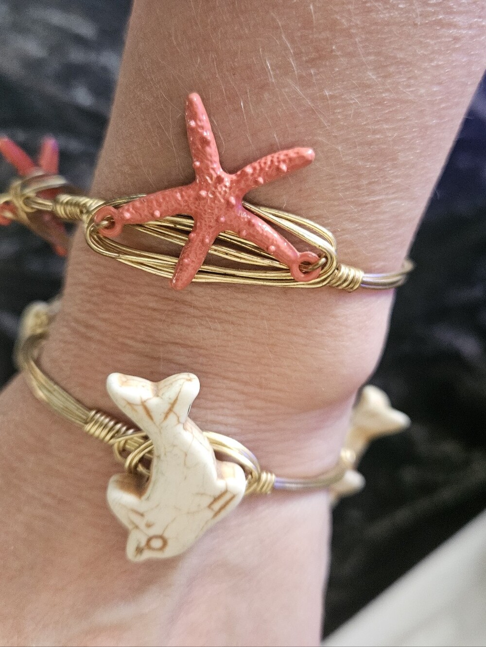 Coastal Wire Wrapped Bangle Bracelet Set Starfish & Dolphin Beach Jewelry